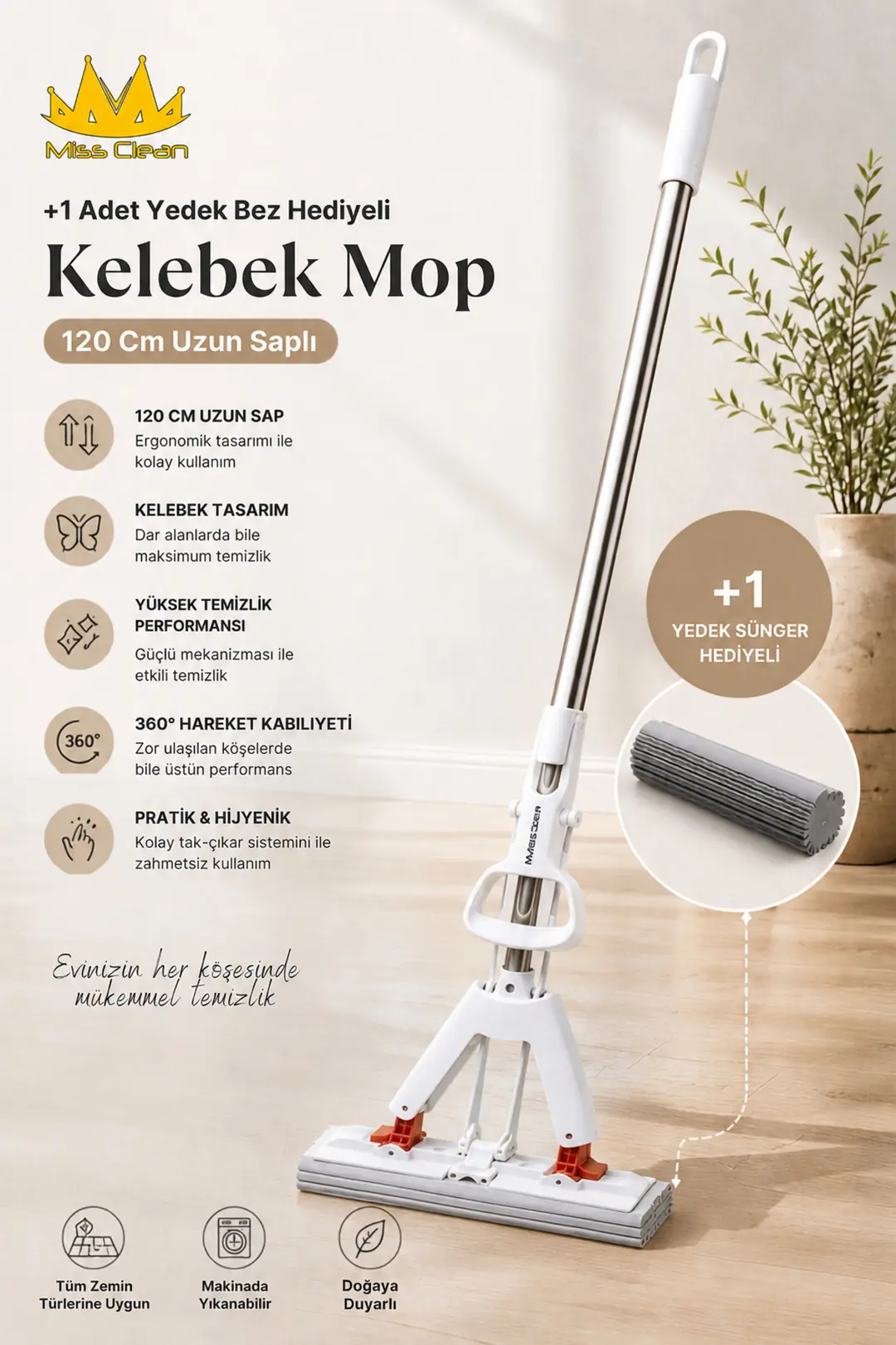Pratik Uzun Saplı (120 cm) Mikrofiber Mop - 1 Adet Yedek Bez Hediyeli